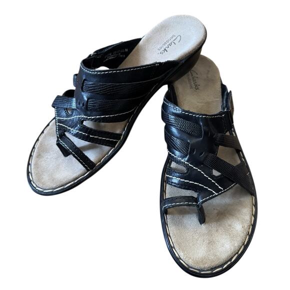 Clarks Bendables Womens Size 8.5 M Shoes Black Leather Comfort Slip On Sandals - Picture 2 of 11